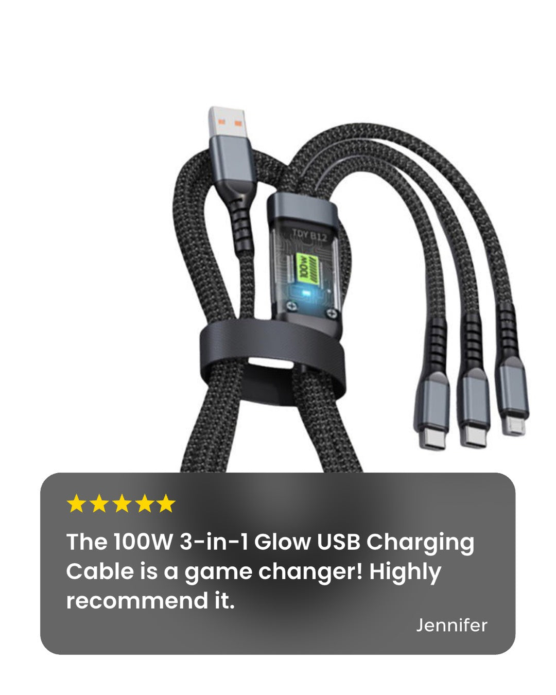 100W 3-in-1 Glow USB Charging Cable – USB-C, Micro-USB & Lightning (1.2 m Nylon Braided)