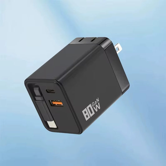 80W Fast Charging Adapter with Two Ports for USB USBC & Retractable Type C Data Power Cable for Efficient Charging