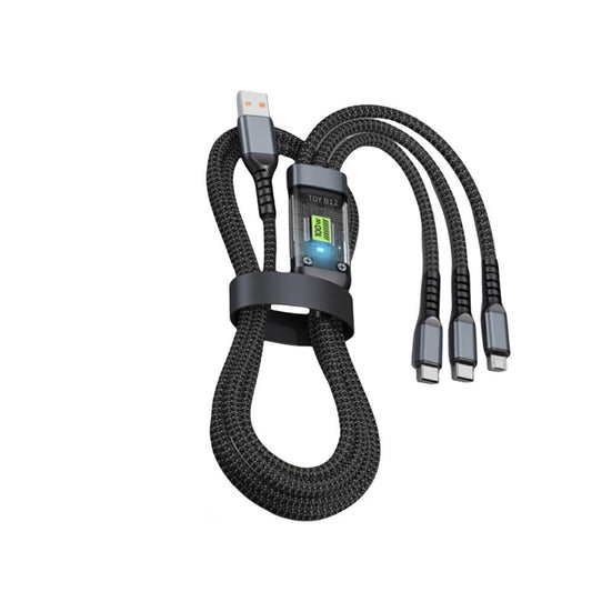 Multi-device charging cable with multiple connectors on a white background