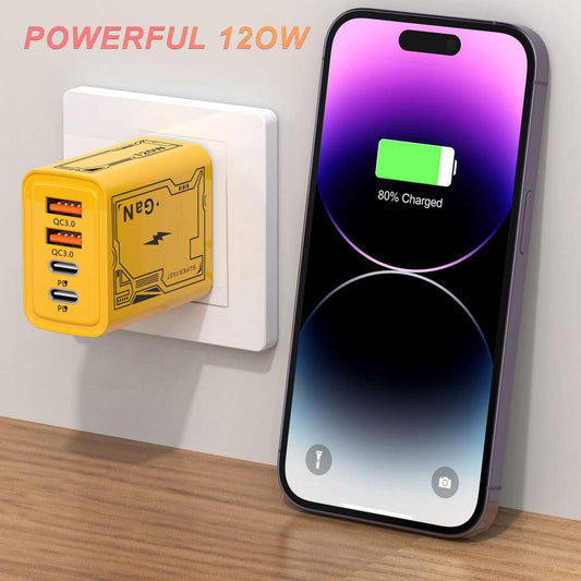 120W GAN Fast Charger – 4-Port USB-C PD Wall Adapter with QC3.0 & 4-in-1 Charging Cable (EU/US/UK Plug) - Everyday essentials